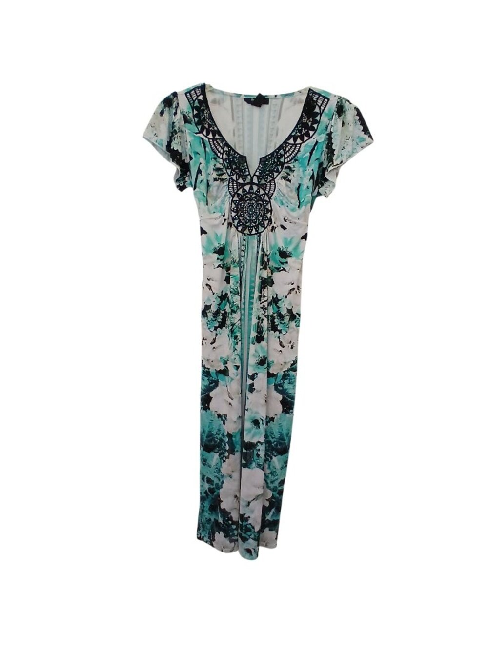 Style & Co Womens Sz PS Floral Print Maxi Dress Black Lace Accent V-Neck #D-42